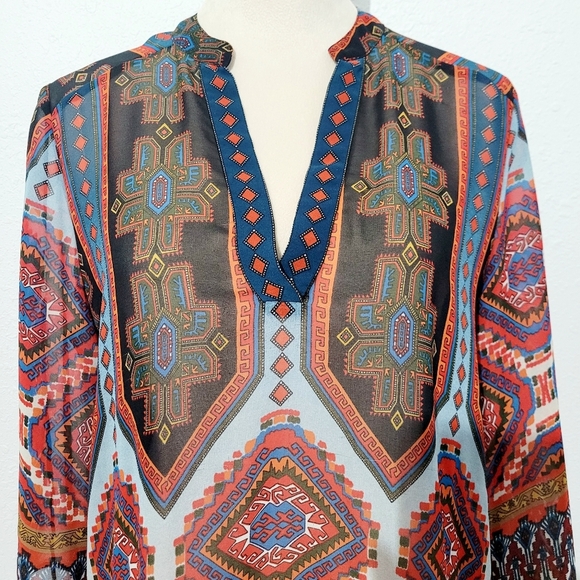 Gibson Latimer Women’s Tunic Top Medium Boho Geometric Print 3/4 Sleeve Sheer - Picture 2 of 11